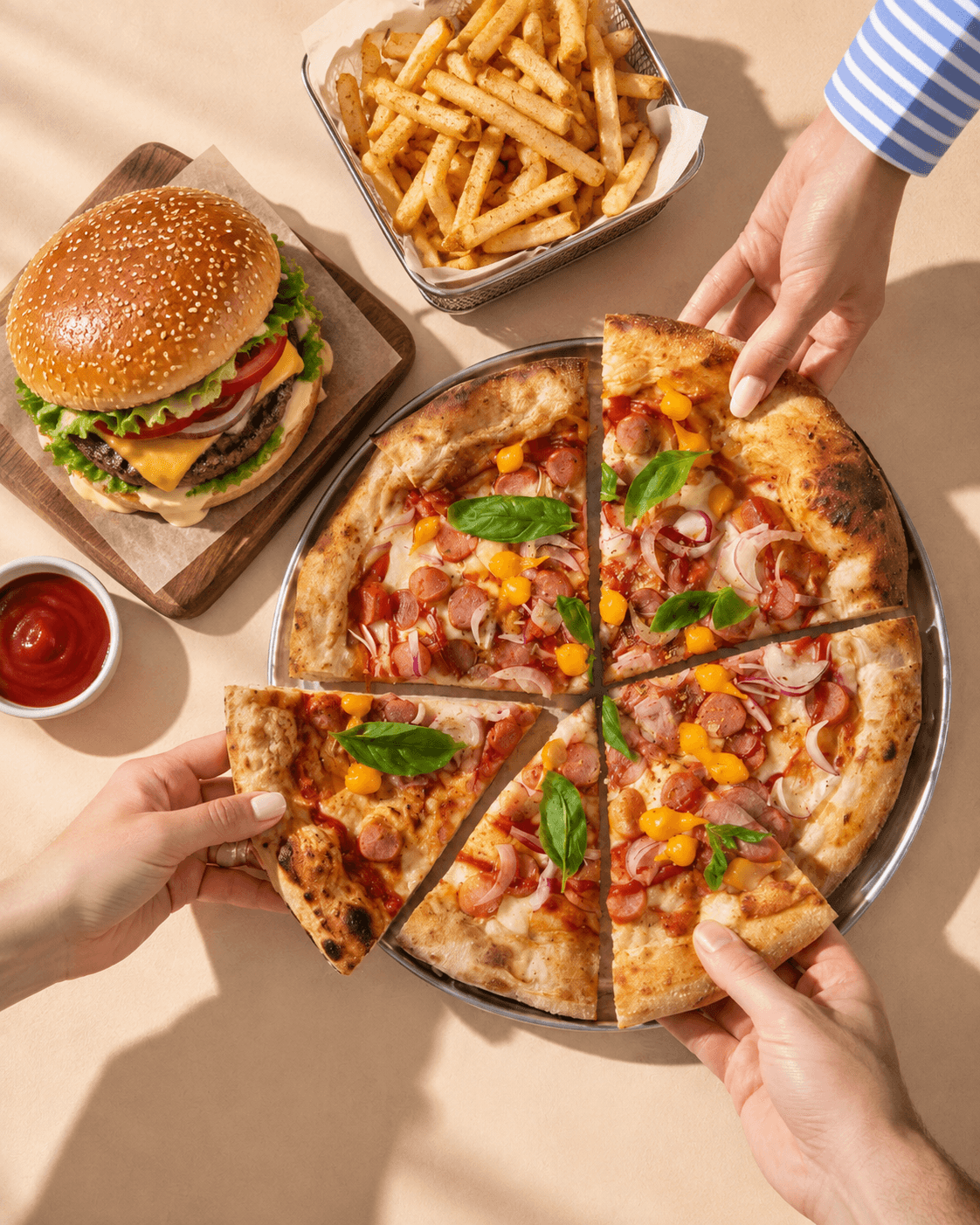 Pizza and burger dishes prepared for culinary training